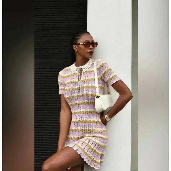 Sandro Multicoloured crochet polo mini dress 38 US 6 S M knit stripe Ethel multi - Picture 1 of 12